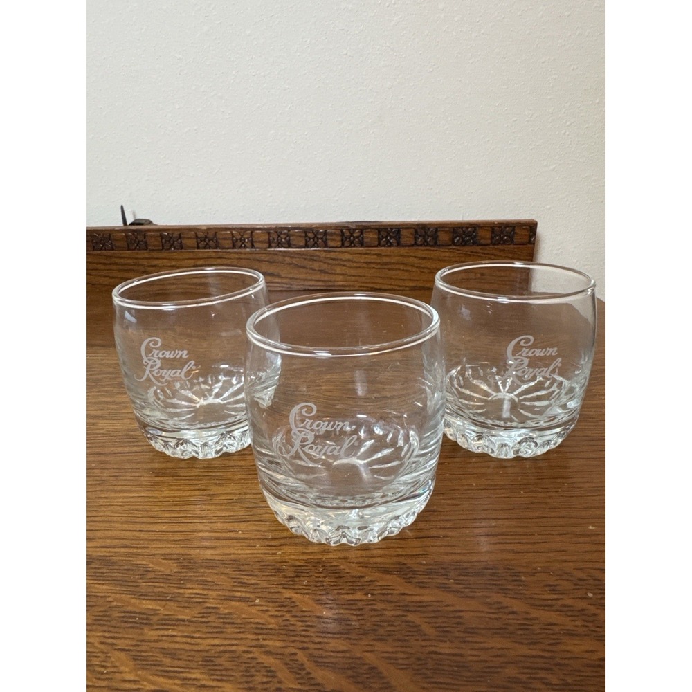 Crown Royal Etched Logo Whiskey Glasses Set of 3 Rocks Old Fashioned 3.25"